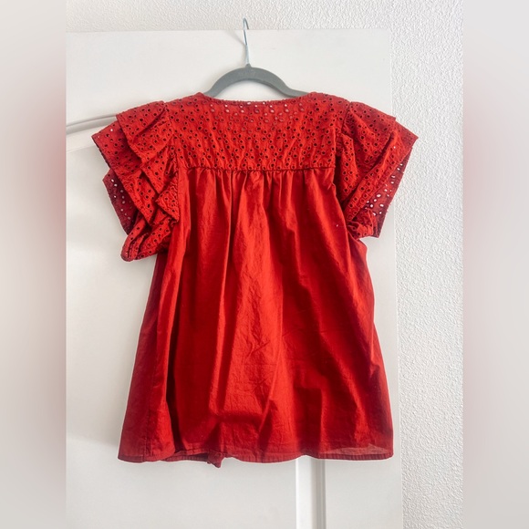 a new day - Ruffle Sleeve Keyhole Button Blouse - Burnt Orange - Size S - Picture 2 of 4